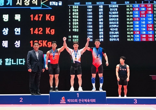 역도팀 한명목(67kg) 인상 금메달. (사진제공=경남도청)